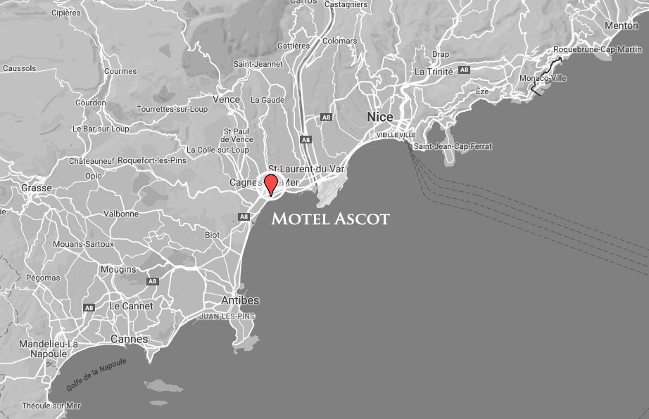 Carte de la Côte d'Azur avec la position du Motel Ascot