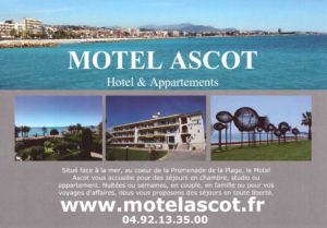 Plaquette commerciale expliquant en quelques mots et trois photos le Motel Ascot situé à Cagnes sur mer